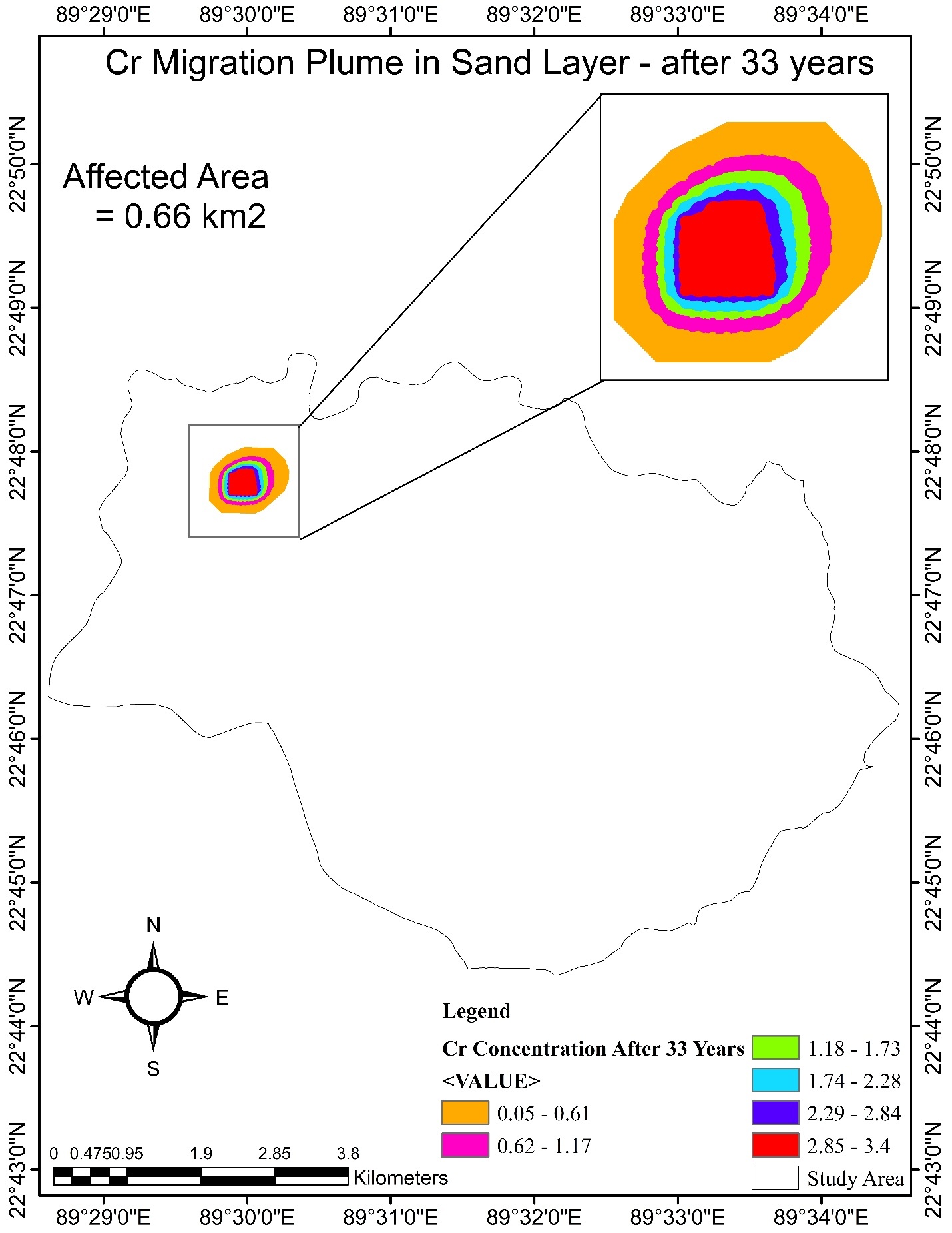 Modeled chromium migration plume in the sand aquifer after 33 years