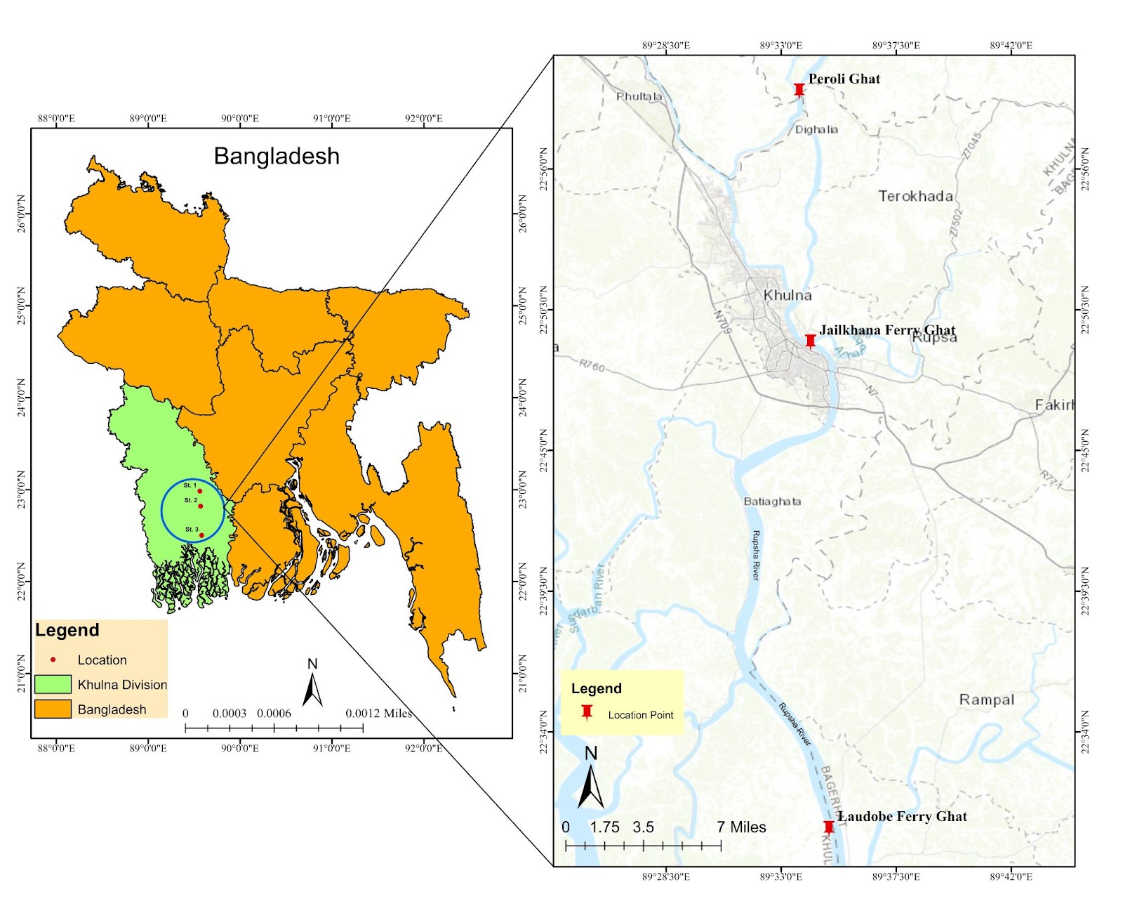 Rupsha River study area and sediment sampling stations
